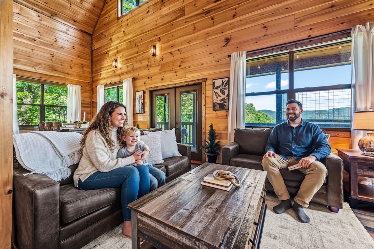 Family enjoying quality time together in cozy Smoky Mountain cabin living room with mountain views