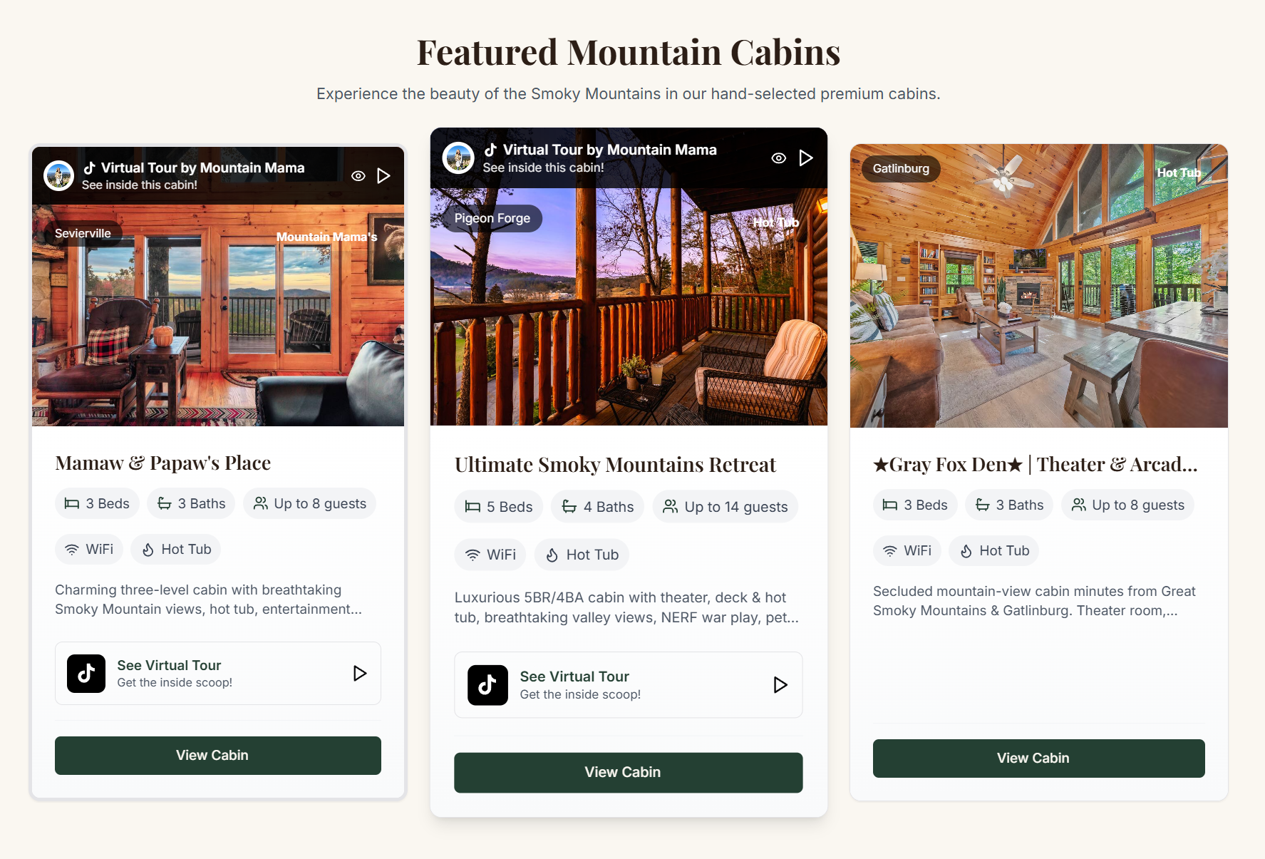 MamaCabins.com booking platform showcase featuring mountain cabins with virtual tours